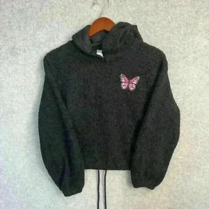 NWT black cropped butterfly hoodie XS no boundaries fleece cozy sweater pullover